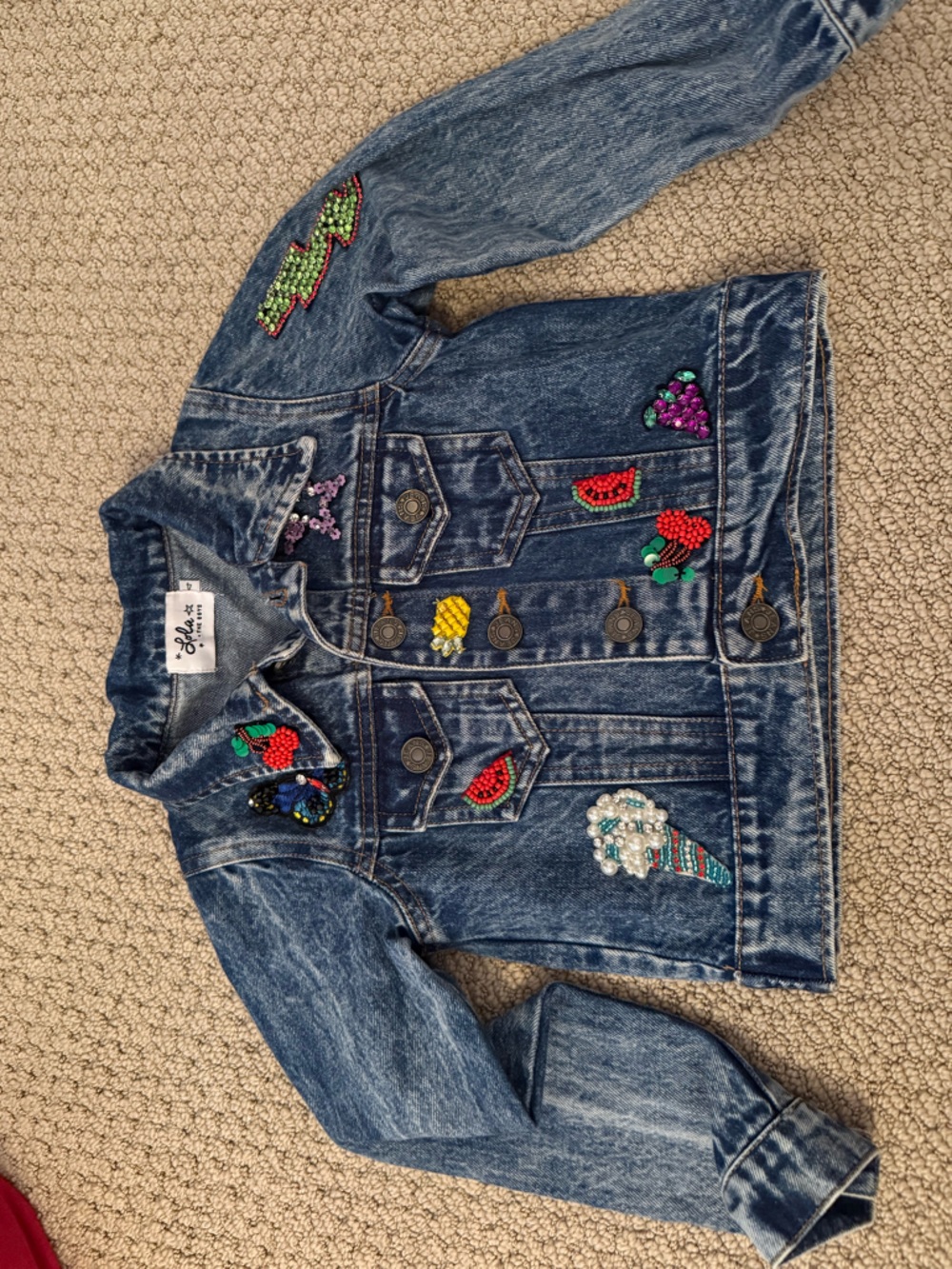 Lola + The Boys Blue Denim Jacket with Beaded Fruit Patches